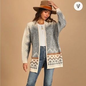 Lulus Weekend in the Mountains Beige Multi Print Open Cardigan Sweater